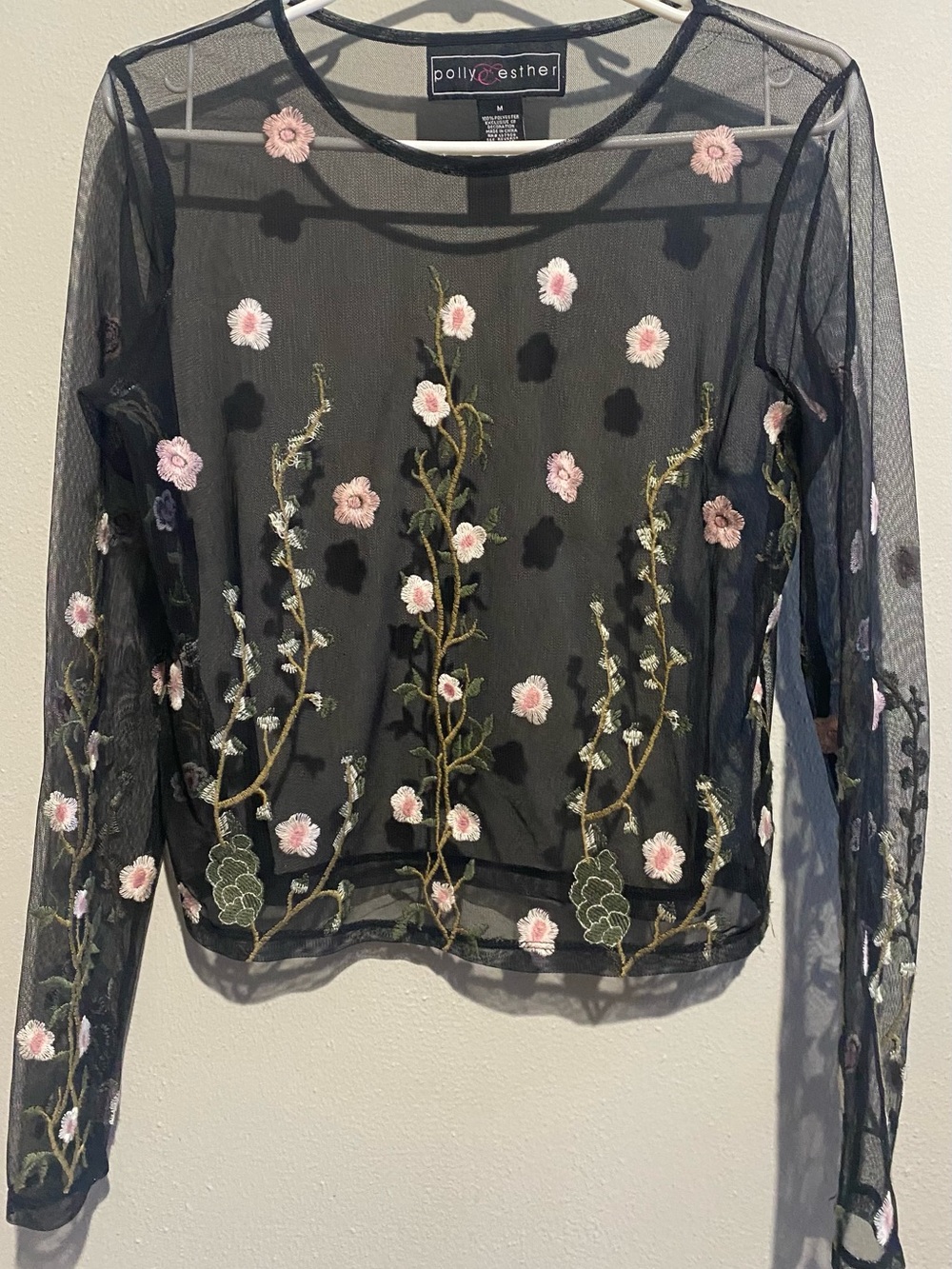 Polly & Esther Black Sheer Floral Embroidered Long-Sleeve Top - Pink Flowers